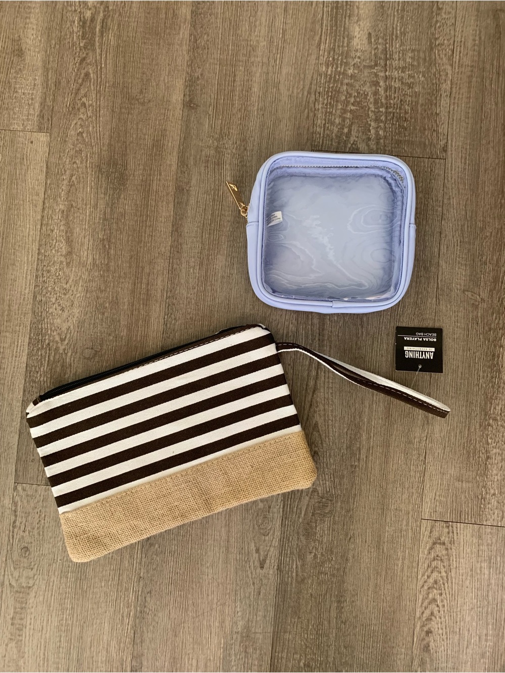 Brown-White Stripe & Light Blue Cosmetic Pouch Set